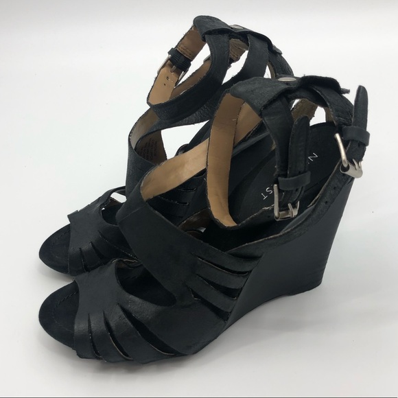 Nine West Shoes - Nine West Ankle Strap Black Leather Wedge Sandals